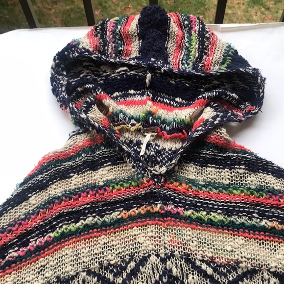 Free People Rainbow Bubble Tea Yarn Poncho Multicolored Hooded Sweater Large M L - Picture 8 of 17